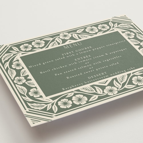This is a eucalyptus menu cards with standard by Katharine Watson called floral diamond printing on signature in standard