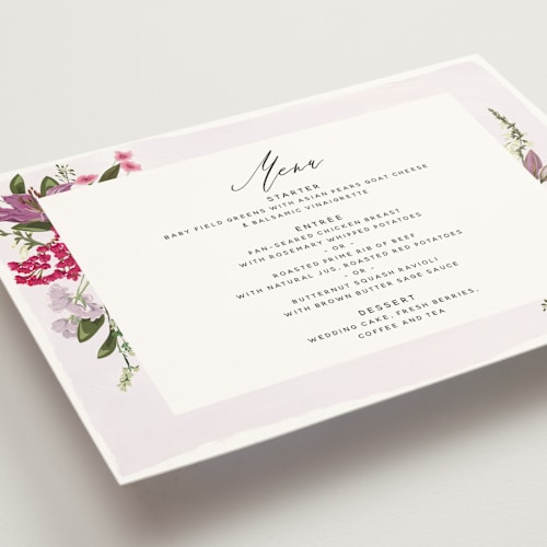 This is a lilac menu cards with standard by Susan Moyal called gather printing on signature in standard