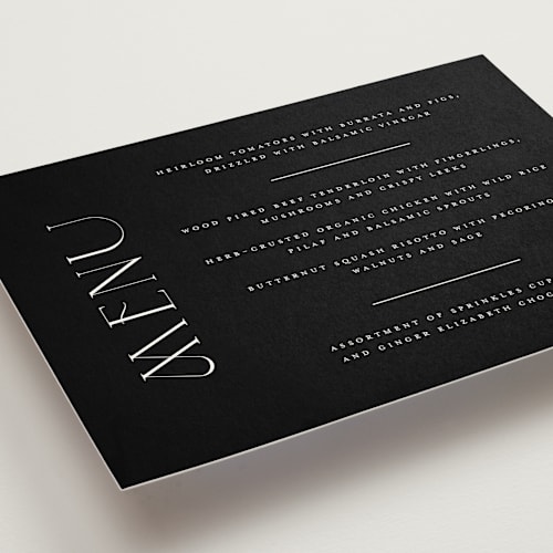 This is a pearl menu cards with standard by Christie Garcia called everly printing on signature in standard