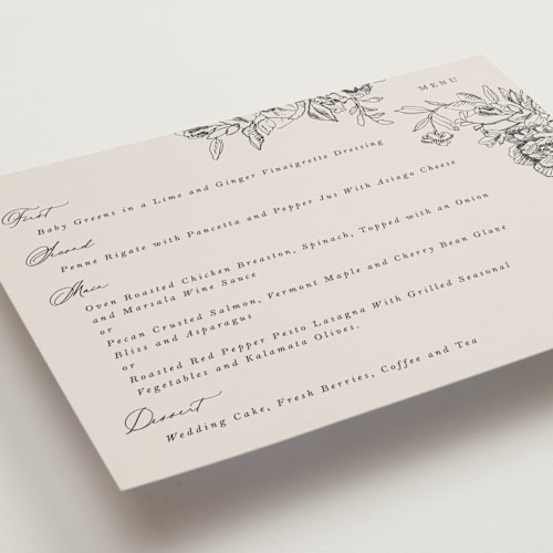 This is a stone menu cards with standard by Phrosné Barwood called etched floral printing on signature in standard