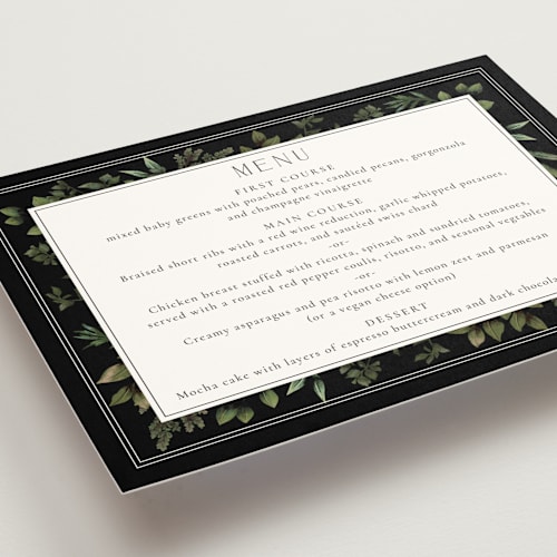 This is a black tie menu cards with standard by Susan Moyal called botanical love printing on signature in 5x7