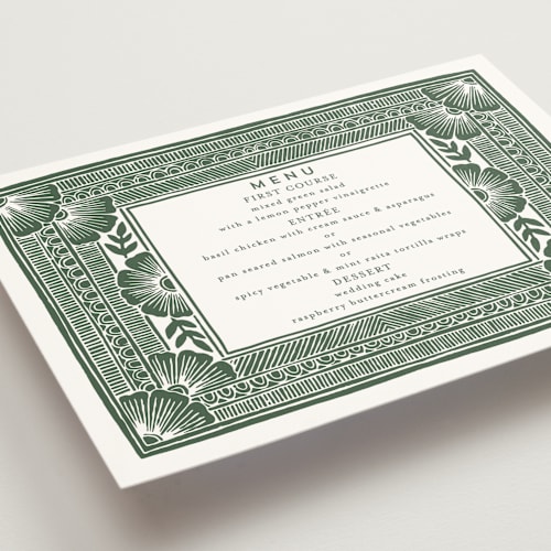 This is a fern menu cards with standard by Katharine Watson called block print frame printing on signature in standard