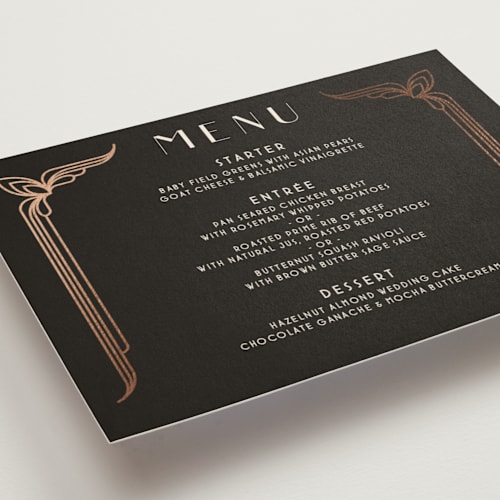 This is a midnight menu cards with foil pressed by GeekInk Design called geometric deco printing on signature in standard