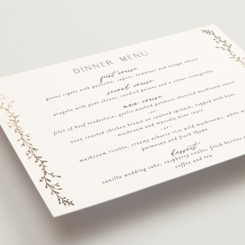 This is a alabaster menu cards with foil pressed by Susan Moyal called delicate vine printing on signature in 5x7