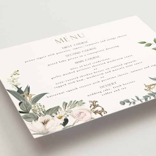 This is a verdant menu cards with foil pressed by Susan Moyal called country garden printing on signature in standard