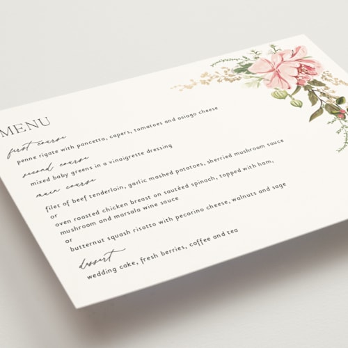This is a peony menu cards with foil pressed by Susan Moyal called timeless blooms printing on signature in standard