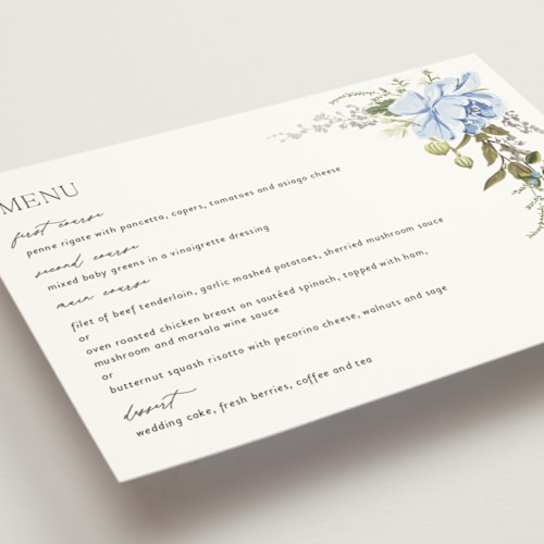 This is a azure menu cards with foil pressed by Susan Moyal called timeless blooms printing on signature in standard