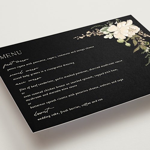 This is a tuxedo menu cards with foil pressed by Susan Moyal called timeless blooms printing on signature in standard