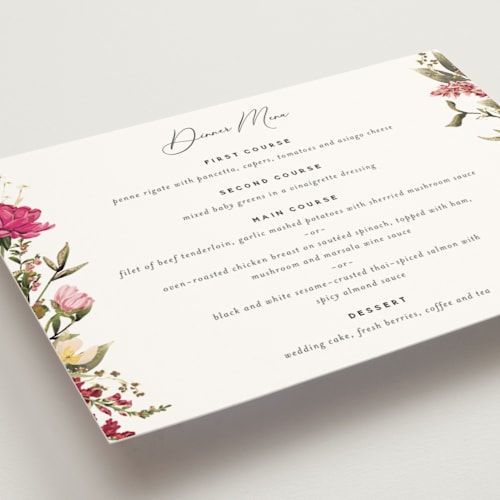 This is a magenta menu cards with foil pressed by Susan Moyal called lush printing on signature in standard