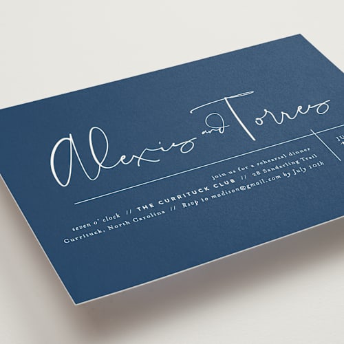 This is a navy rehearsal dinner invitations with standard by Jennifer Wick called just the two of us printing on signature in standard