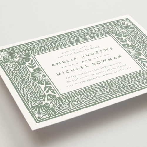 This is a sage rehearsal dinner invitations with standard by Katharine Watson called block print frame printing on signature in standard