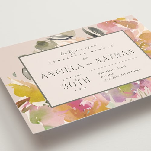 This is a garden rehearsal dinner invitations with standard by Lori Wemple called bouquet printing on signature in standard