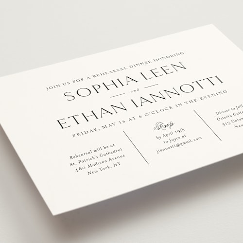 This is a silk rehearsal dinner invitations with standard by Jennifer Postorino called sophisticate printing on signature in standard