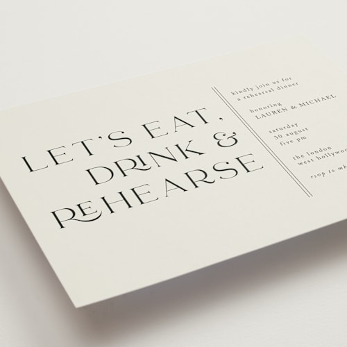This is a titanium rehearsal dinner invitations with standard by Shirley Lin Schneider called eat, drink and rehearse printing on signature in standard