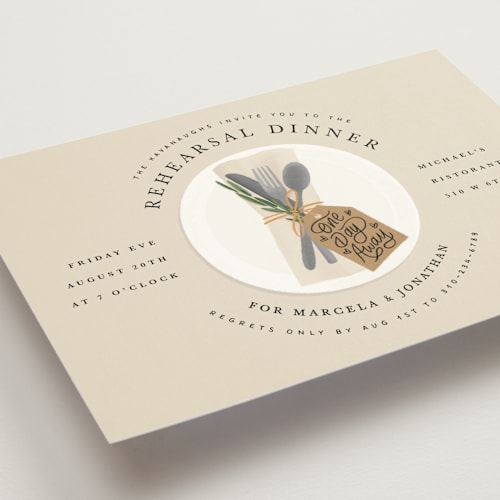 This is a tan rehearsal dinner invitations with standard by Becky Nimoy called one day away place setting printing on signature in standard