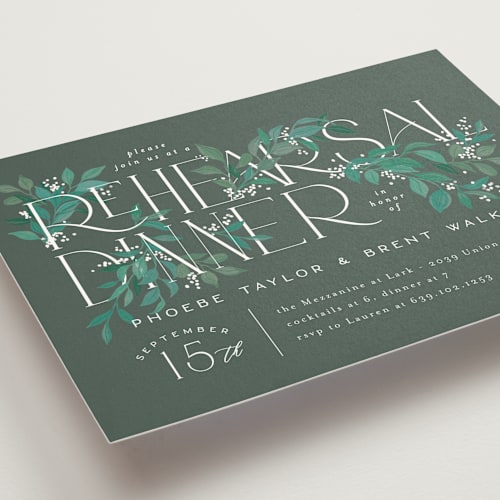 This is a sage rehearsal dinner invitations with standard by Alethea and Ruth called stacked type printing on signature in standard