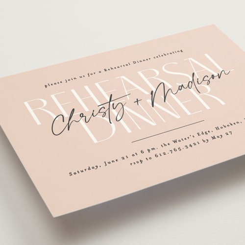 This is a dusty rose rehearsal dinner invitations with standard by Creo Study called modern type printing on signature in standard