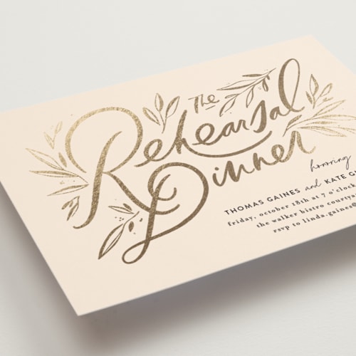 This is a almond rehearsal dinner invitations with foil pressed by Julie Murray called dinner fleur printing on signature in standard