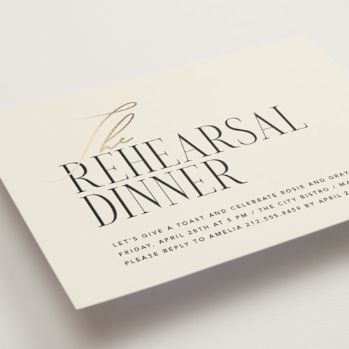 This is a ecru rehearsal dinner invitations with foil pressed by Louise Kay called chic celebration printing on signature in standard