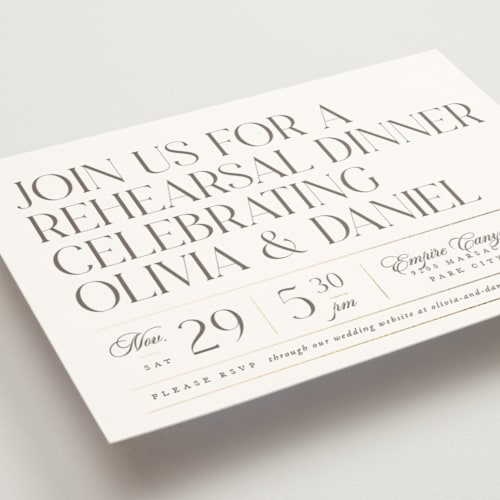 This is a linen rehearsal dinner invitations with foil pressed by Robert and Stella called headline printing on signature in standard