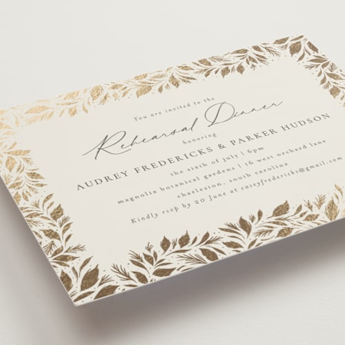 This is a latte rehearsal dinner invitations with foil pressed by Jackie Crawford called festive leafy frame printing on signature in standard