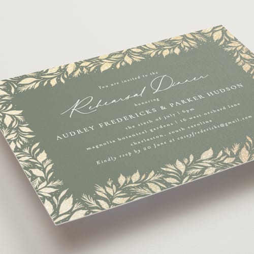 This is a meadow rehearsal dinner invitations with foil pressed by Jackie Crawford called festive leafy frame printing on signature in standard