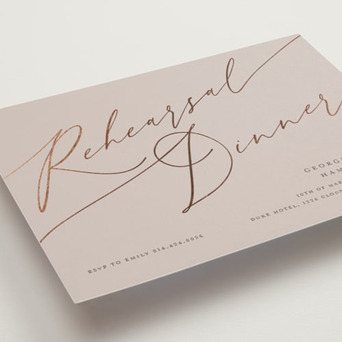 This is a hydrangea rehearsal dinner invitations with foil pressed by letterfix called flowy script printing on signature in standard