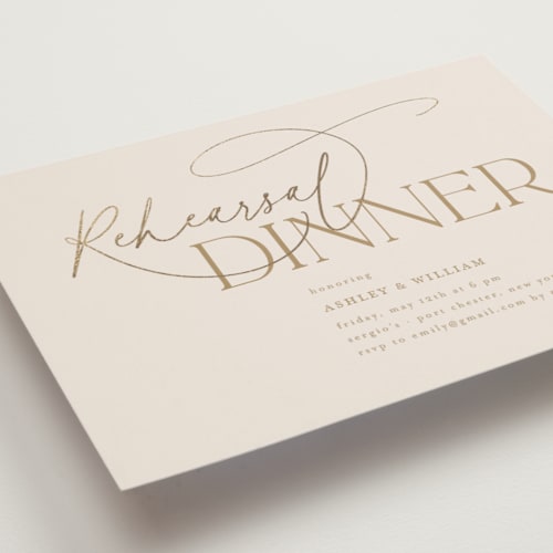 This is a champagne rehearsal dinner invitations with foil pressed by Nicole Barreto called typographical printing on signature in standard