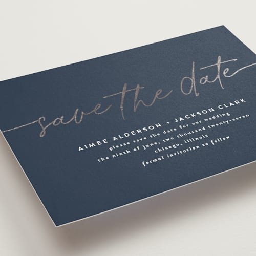This is a navy foil stamped save the date cards with foil pressed by Susan Asbill called at last printing on signature in standard