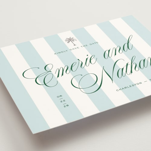 This is a low tide foil stamped save the date cards with foil pressed by Susan Zinader called palm stripes printing on signature in standard
