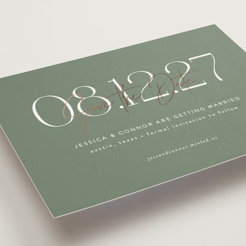 This is a meadow foil stamped save the date cards with foil pressed by Jennifer Postorino called foil overlay printing on signature in standard