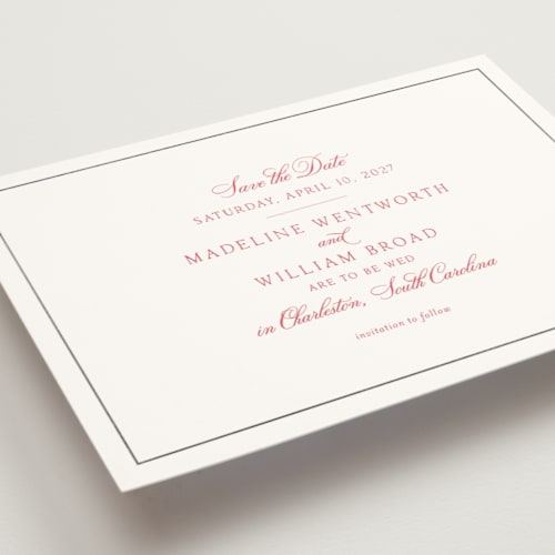 This is a ruby foil stamped save the date cards with foil pressed by Megan Davis called wentworth printing on signature in standard