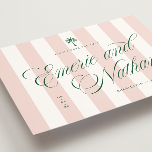 This is a taffy save the date with standard by Susan Zinader called palm stripes printing on signature in standard