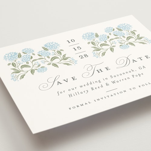 This is a nantucket save the date with standard by Susan Zinader called hydrangea hedge printing on signature in standard