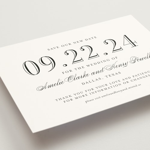 This is a tuxedo save the date with standard by Megan Davis called hepburn printing on signature in standard