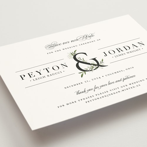 This is a cotton save the date with standard by Jennifer Postorino called adorned ampersand printing on signature in standard