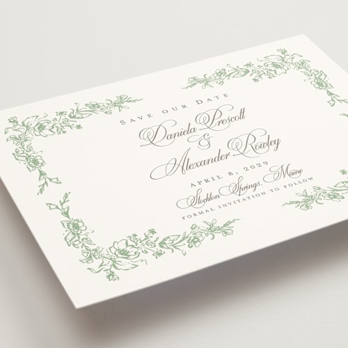 This is a mint save the date with standard by Melinda Denison called romantic garden printing on signature in standard