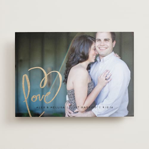 This is a goldenrod wedding announcements with standard by Kelly Ventura called love + heart printing on recycled smooth signature in standard
