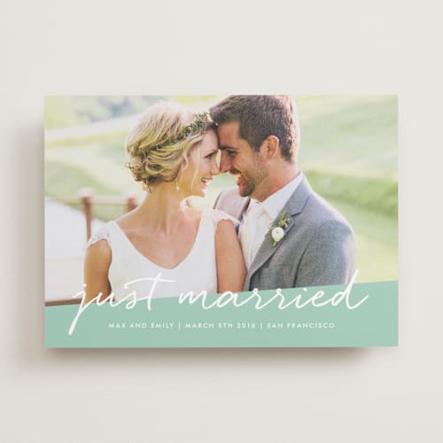 This is a mint wedding announcements with standard by Roxy Cervantes called scripted printing on recycled smooth signature in standard