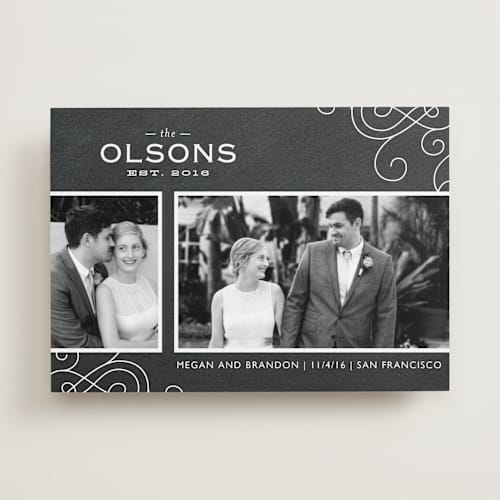 This is a chalkboard wedding announcements with standard by Oscar and Emma - Karly Depew called slideshow printing on recycled smooth signature in standard