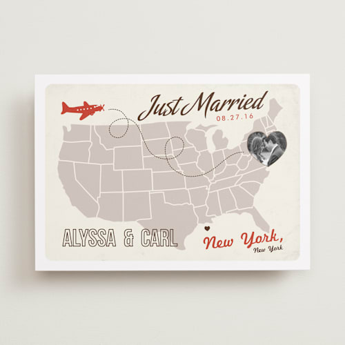This is a tomato wedding announcements with standard by leslie hamer called up and away printing on recycled smooth signature in standard