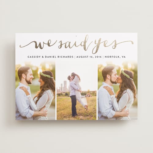 This is a golden wedding announcements with foil pressed by Ashley Hegarty called jotted printing on recycled smooth signature in standard