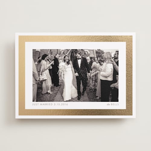 This is a gold wedding announcements with foil pressed by kelli hall called bright border printing on recycled smooth signature in standard