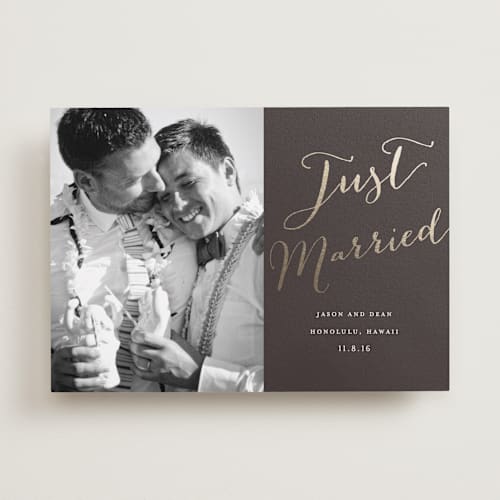This is a dark chocolate wedding announcements with foil pressed by Eric Clegg called cottonwood printing on recycled smooth signature in standard