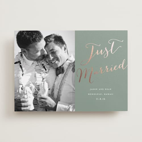 This is a sage wedding announcements with foil pressed by Eric Clegg called cottonwood printing on recycled smooth signature in standard