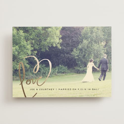 This is a goldenrod wedding announcements with foil pressed by Kelly Ventura called love + heart printing on recycled smooth signature in standard