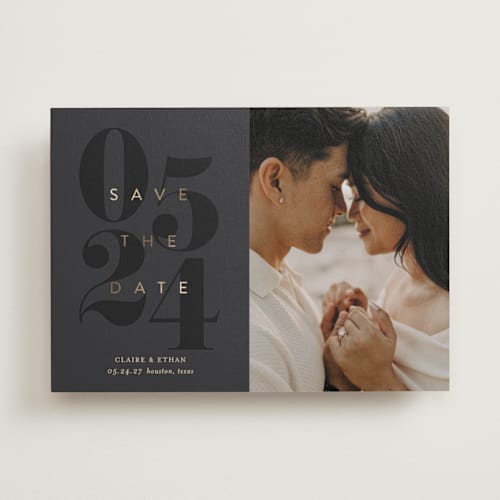 This is a stormy foil stamped save the date cards with foil pressed by Jessica Williams called calendar printing on recycled smooth signature in standard