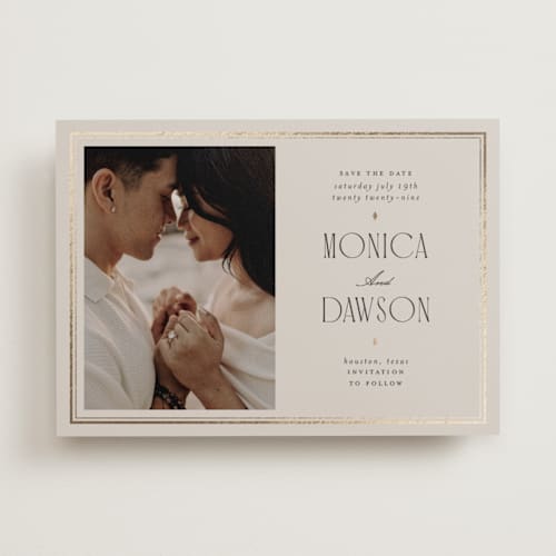 This is a champagne foil stamped save the date cards with foil pressed by Kristin Oliversen called luxe lines printing on recycled smooth signature in standard