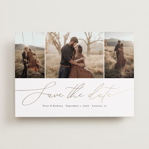 This is a rust foil stamped save the date cards with foil pressed by Stacey Meacham called chantilly printing on recycled smooth signature in standard