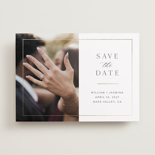This is a cloud foil stamped save the date cards with foil pressed by Christie Garcia called classico printing on recycled smooth signature in standard